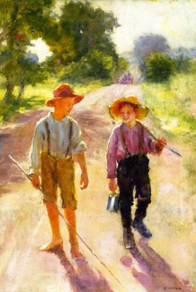 Two Boys Fishing Artwork By Adam Emory Albright Oil Painting & Art Prints  On Canvas For Sale -  Art Online Store