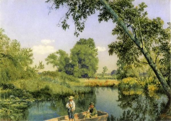 John William Hill River Landscape With Boy Fishing Oil Painting  Reproductions for sale